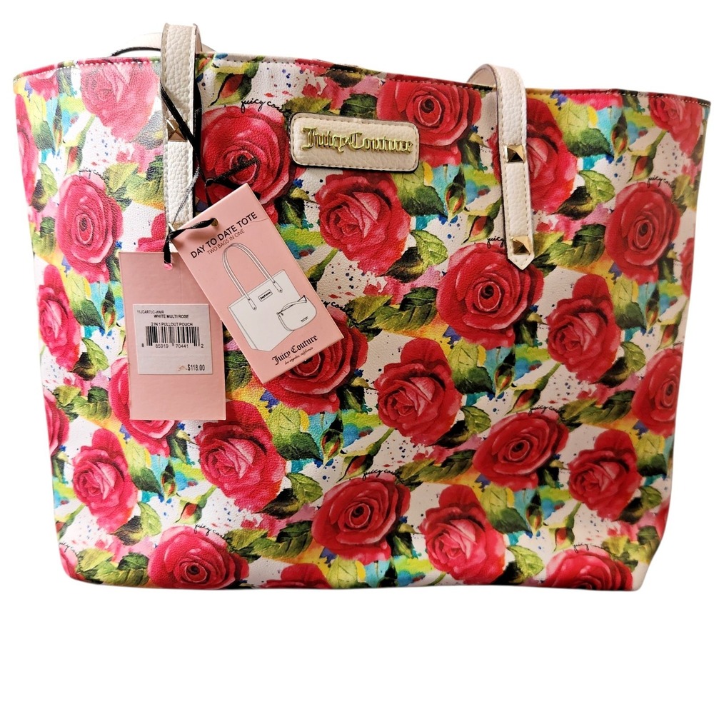 NWT Juicy Couture Day To Date Tote White Multi Rose Pink Green Floral Purse Pouc